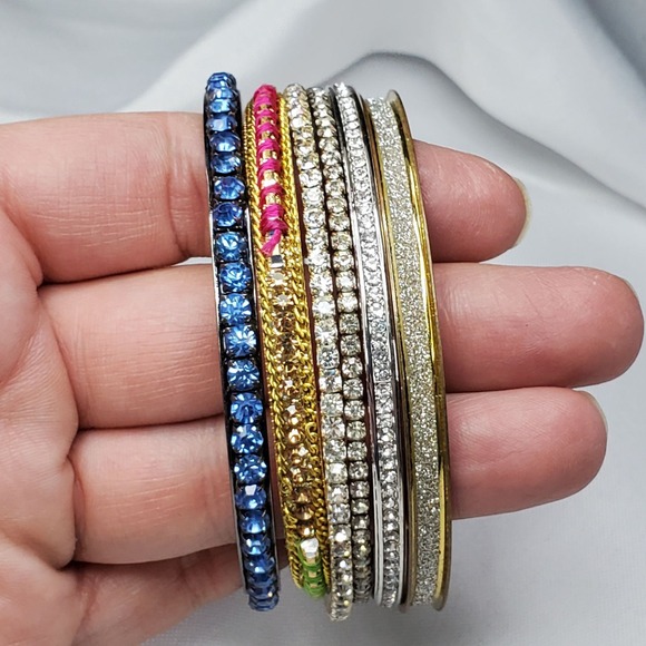 The Unbranded Brand Jewelry - VTG 6 Multicolor Rhinestone Glitter & Metal Bangles Gold & Silver-Tone Mixed